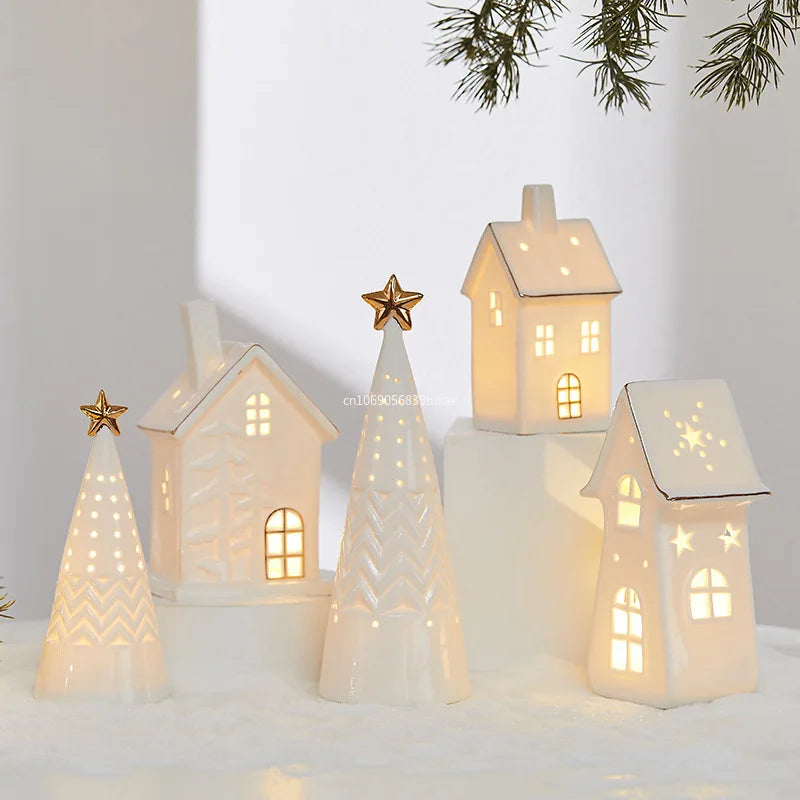 Ceramic Creative Ornaments Small Houses Christmas Decorations Christmas Glowing Snow Houses Home Furnishings INS Ornaments Decor Peaceful Pleasures Health and Wellness