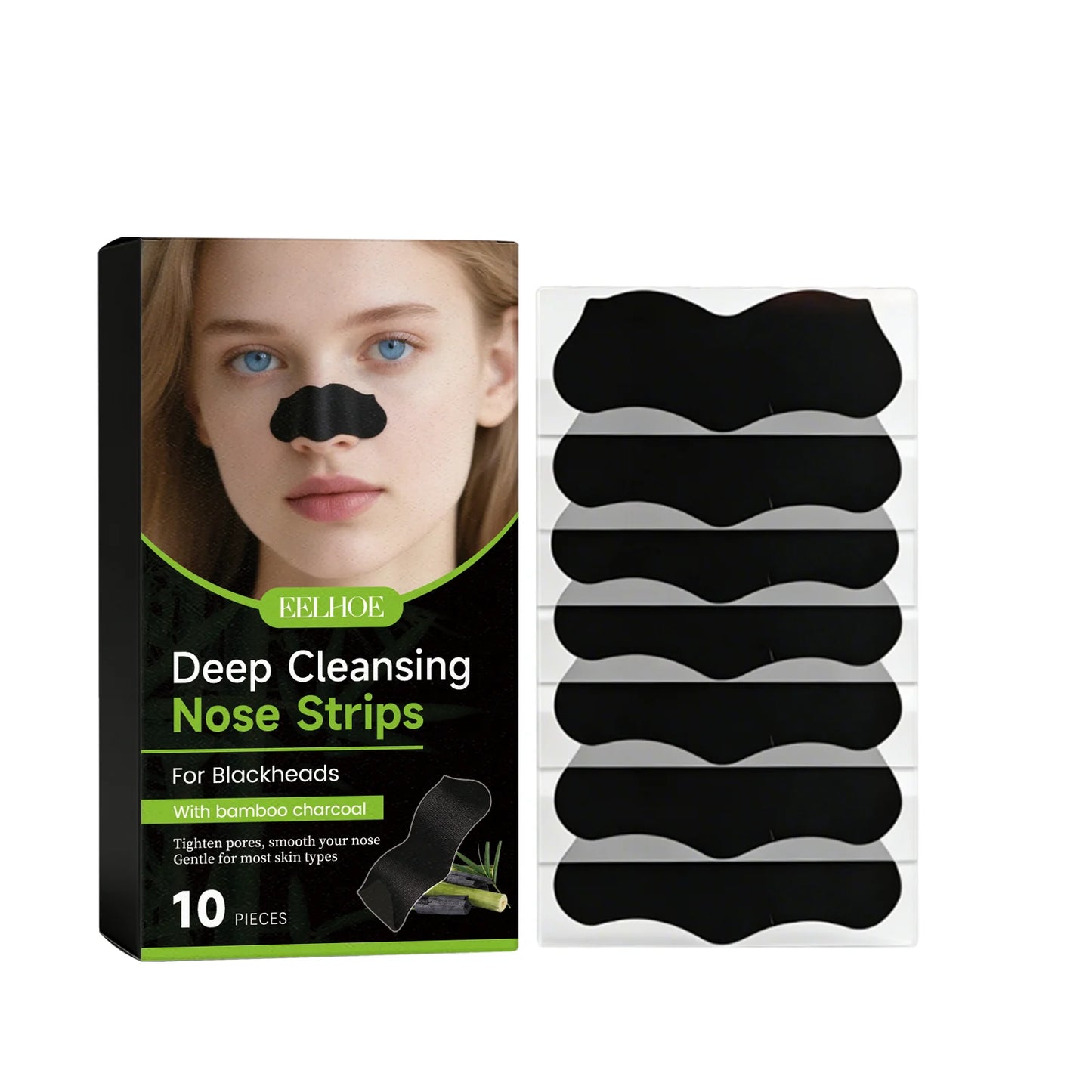 Deep Cleansing Nose Strips Removing Blackhead Unclogs Pores Control Oil Smooths Nose Skin Refreshing Bamboo Charcoal Pore Strips Peaceful Pleasures Health and Wellness 10pcs Boxed