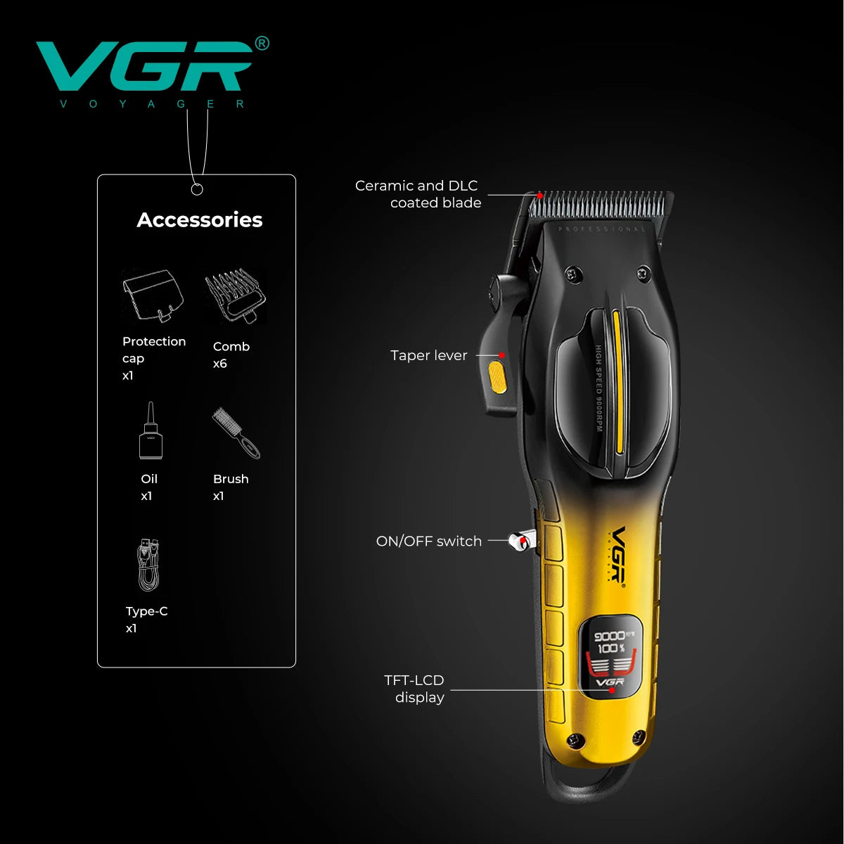 VGR high-end professional hair clipper gradient metal body hair trimmer 9000 RPM LCD digital display electric push shear V-026 Peaceful Pleasures Health and Wellness