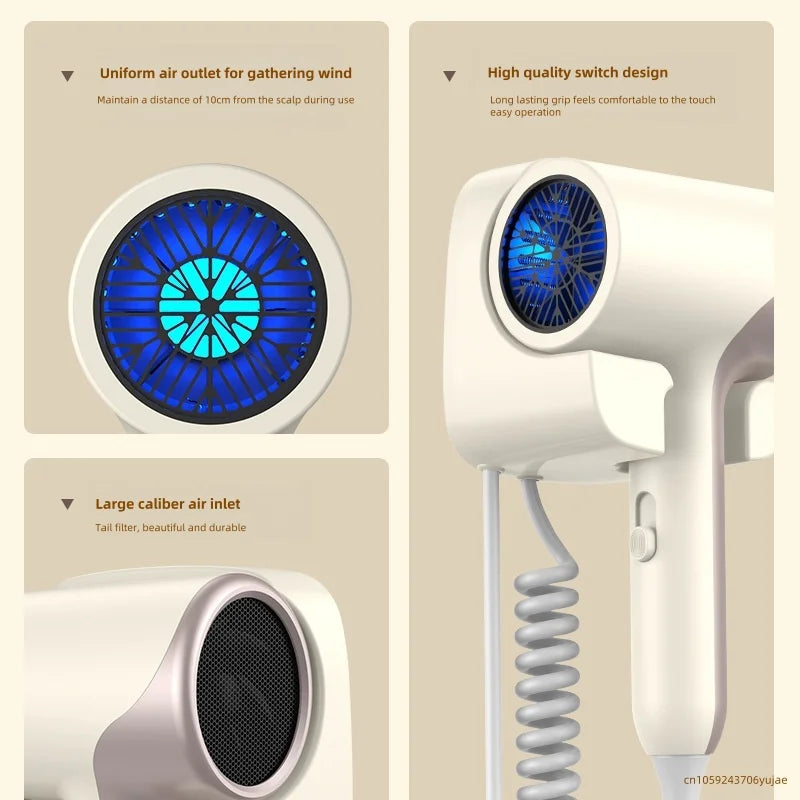 Popular Hotel/Home Wall Mounted Non Perforated Hair Dryer 1500W High-Power Blue Light Negative Ion Press Switch Hair Dryer Peaceful Pleasures Health and Wellness