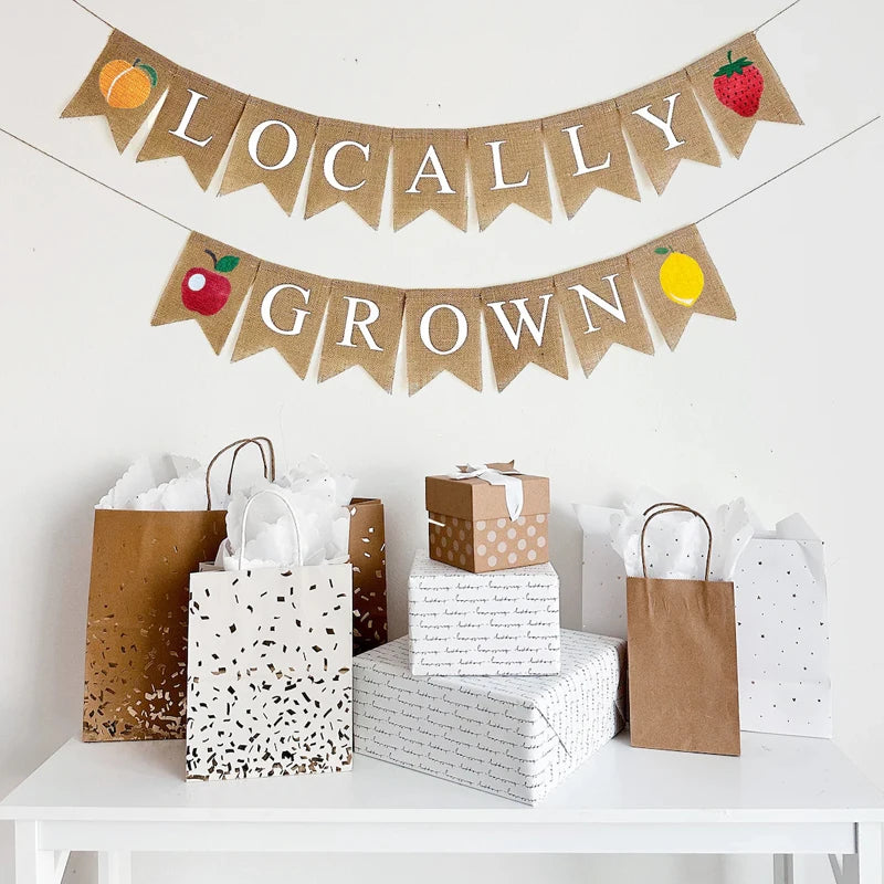Locally Grown Burlap Banner – Farmers Market & Garden Décor Burlap Party Banner Peaceful Pleasures Health and Wellness white