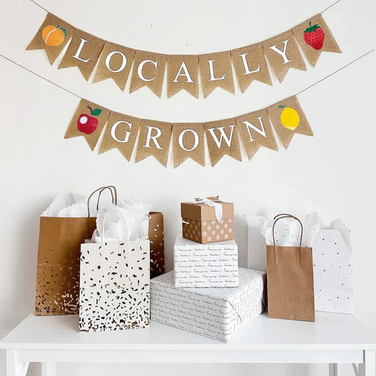 Locally Grown Burlap Banner | Farmers Market & Garden Party Sign Burlap Party Banner Peaceful Pleasures Health and Wellness white
