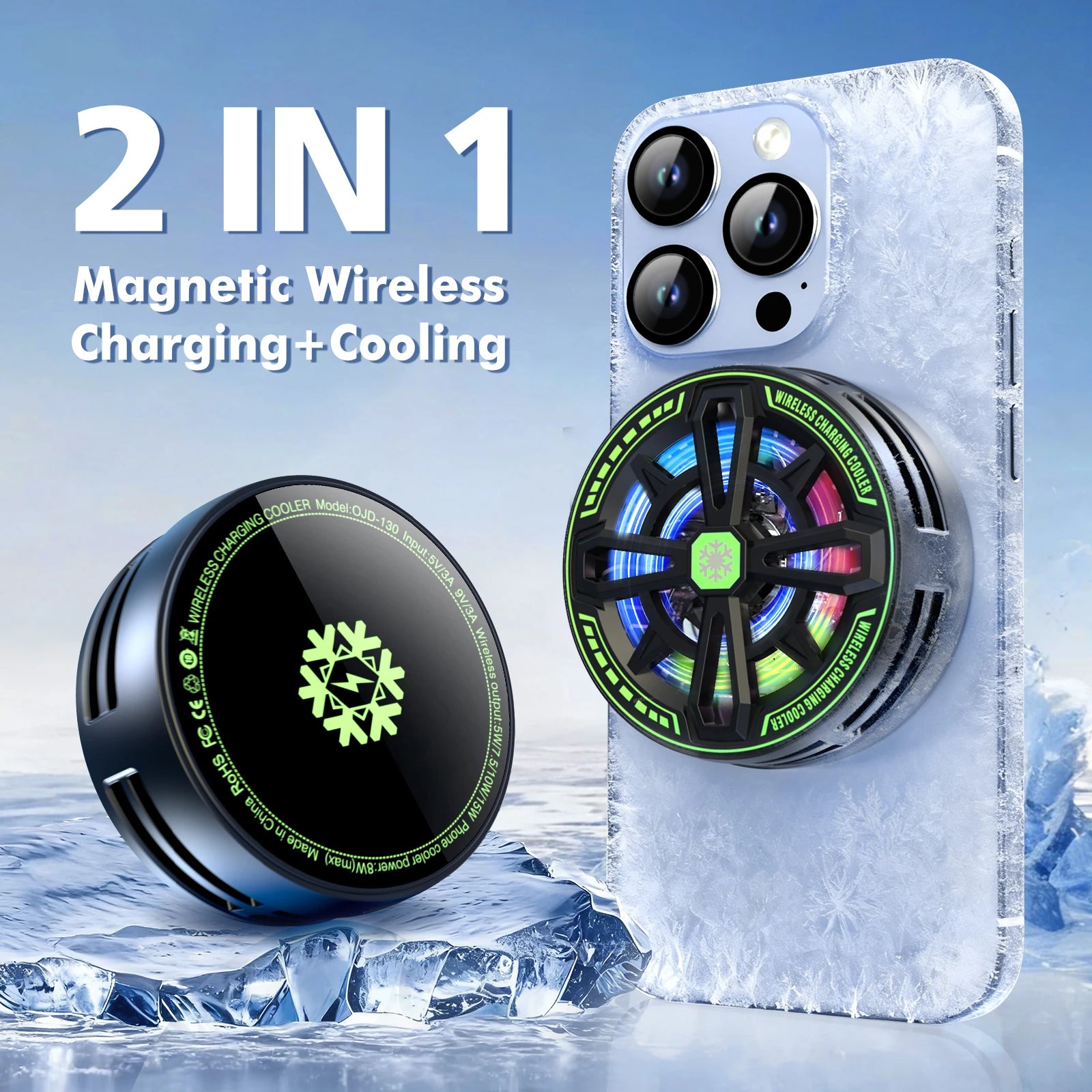2 In 1 Magnetic Wireless Charging 15W Universal Phone Cooler with Digital Display RGB Lights for Iphone Samsung Airpods Peaceful Pleasures Health and Wellness United States