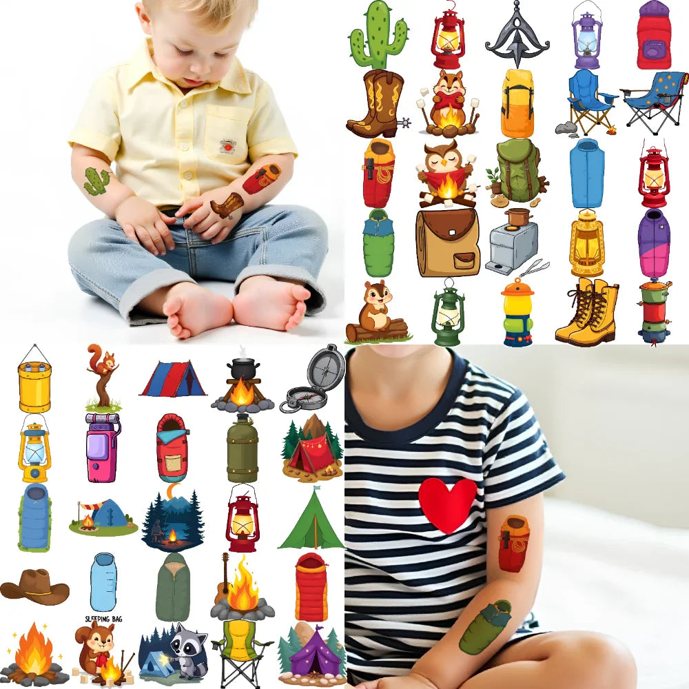 63pcs Camping Temporary Tattoo Stickers for Kids – Waterproof