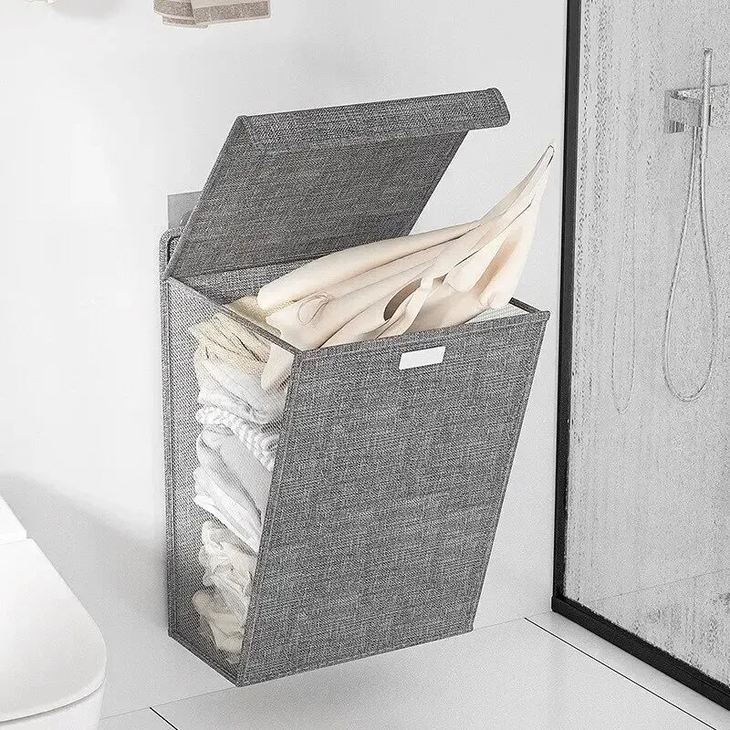 1pc Foldable Adhesive Laundry Basket Hamper, Multifunctional Punch Free Wall Hanging Washing Clothes Mesh Hook Organizer Peaceful Pleasures Health and Wellness