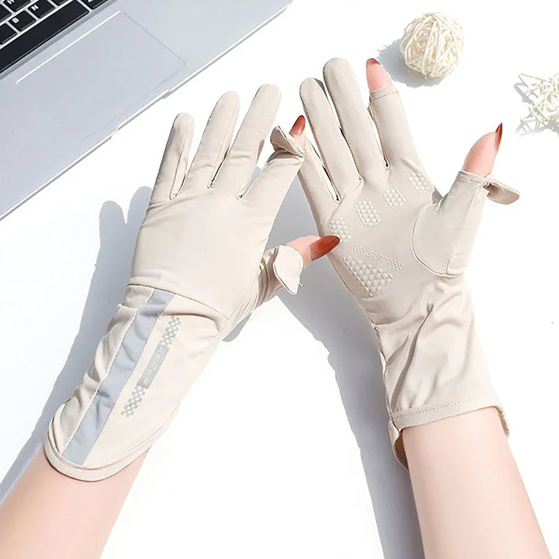 Summer Sun Protection Gloves Women Thin Ice Silk UV Protection Touch Screen Anti-slip for Driving and Cycling Breathable Gloves Peaceful Pleasures Health and Wellness Beige