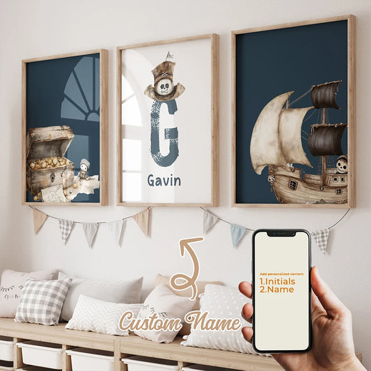 3-Piece Personalized Pirate Ship Canvas Wall Art | Kids Room Decor Canvas Wall Art Set Peaceful Pleasures Health and Wellness GA-N028-3pcs 40x50cm Unframed