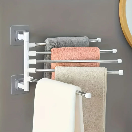 [1pc Rotating Towel Rack Organizer] 1pc Modern Wall-Mounted Bathroom Towel Rack with 180° Rotating Hooks, Punch-Free Stainless Peaceful Pleasures Health and Wellness