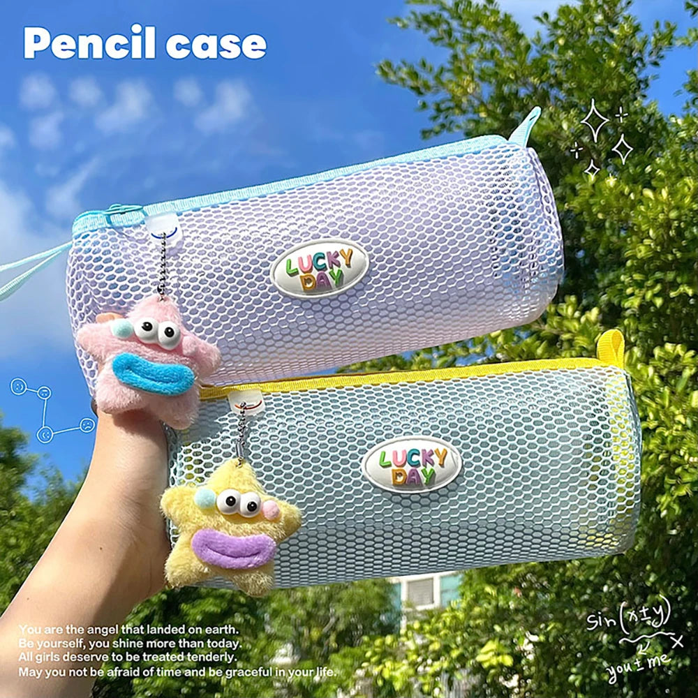 Colorful Visual Mesh Pencil Case Large Opening Capacity Student Exam