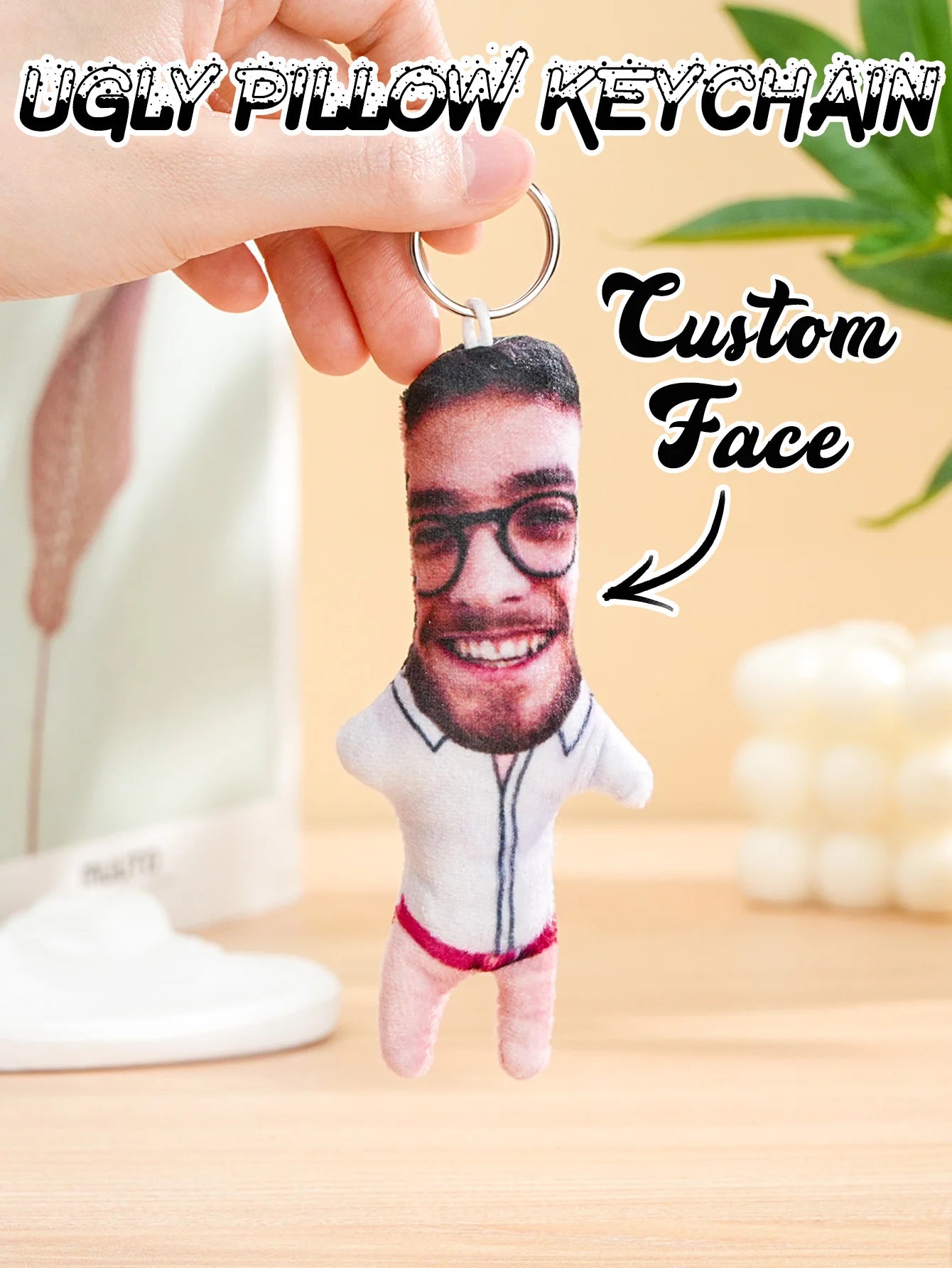 1pc Custom Face Pillow Keychain Funny Ugly Plush Keychain Custom Photo Keyring Gift For Friends Family Boyfriend Girlfriend Peaceful Pleasures Health and Wellness Style 8 6x12cm