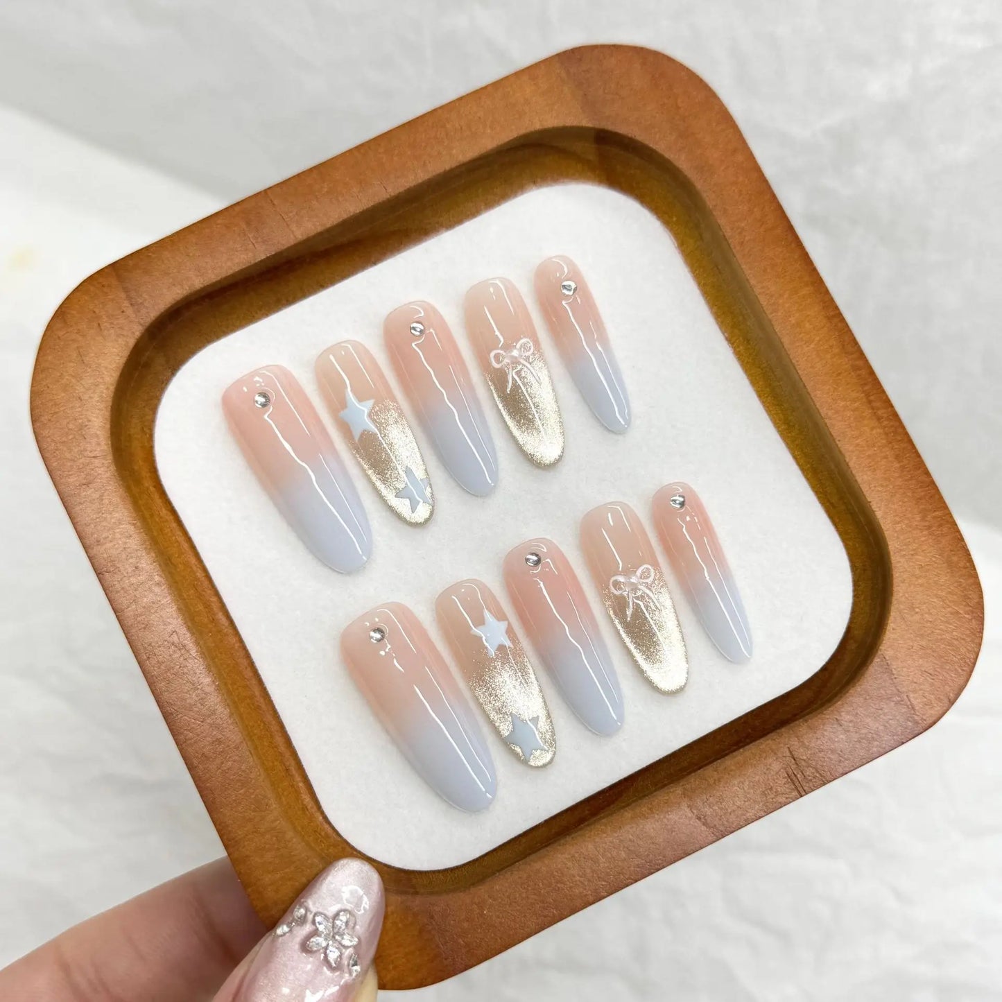 10pcs Handmade Press on Nails Leopard Print Blue Cat Eye Fake Nail Tips Wearable Detachable Spice Girls Long Almond False Nails Peaceful Pleasures Health and Wellness
