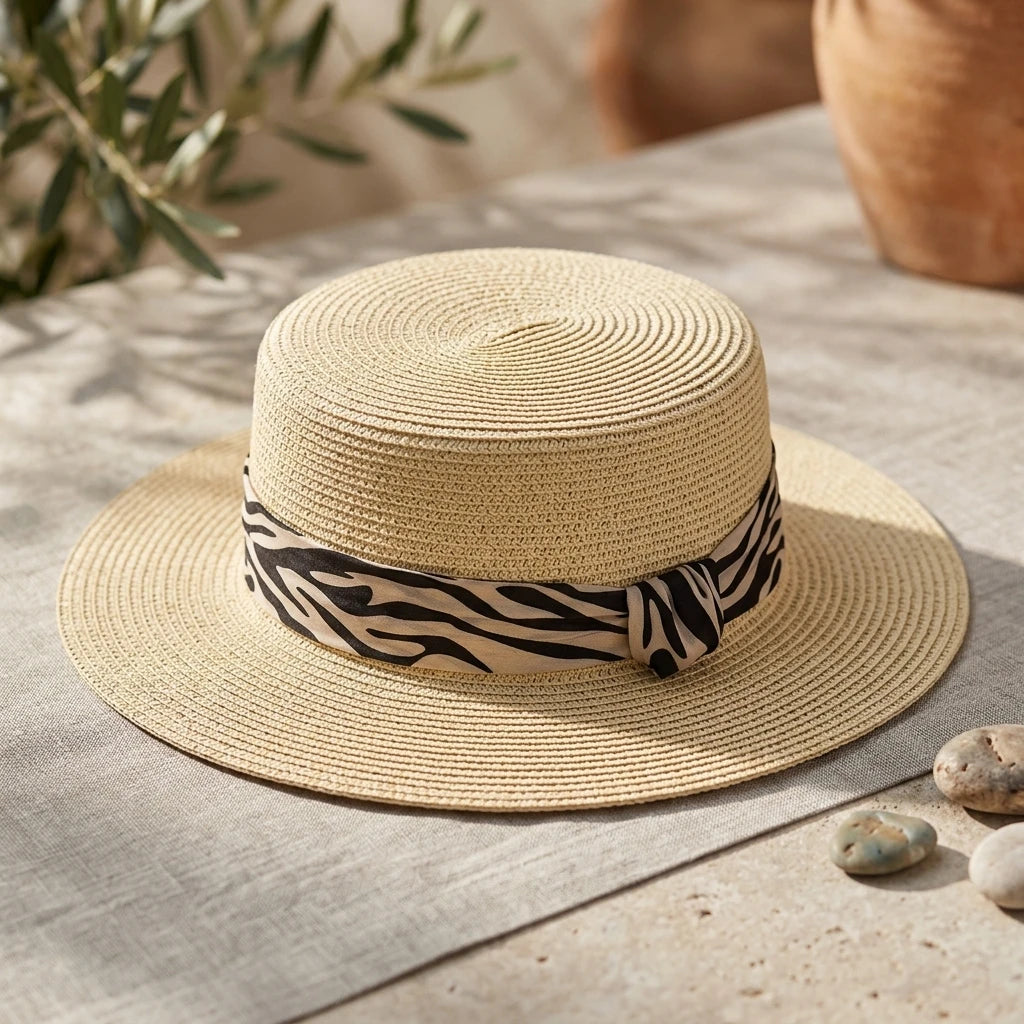 Women's Flat Top Panama Hat Summer French Retro Zebra-Print Straw Sun Hat Outdoor Resort Wide Brim Sun Protections Hat Peaceful Pleasures Health and Wellness