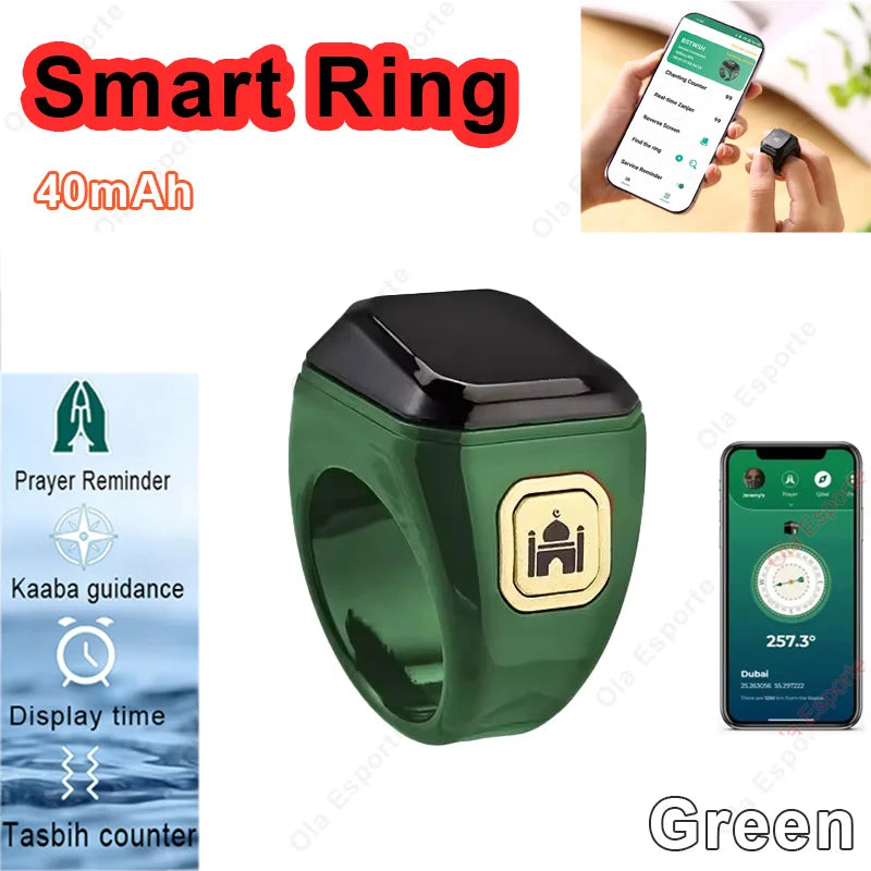 2026 New Smart Ring Men Women Prayer Reminder Tasbih counter Display Time 49 Inch HD Screen Bluetooth Life WaterProof Smartring Peaceful Pleasures Health and Wellness Green 22