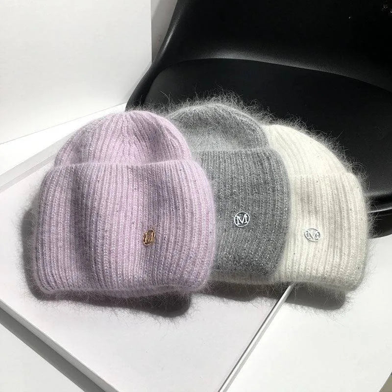 Women's Real Rabbit Fur Knitted Beanie | Sequin Winter Hat