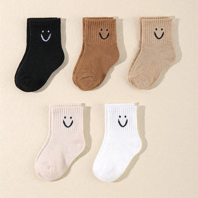 10 pairs of cute solid-color smiling face pattern children's mid-calf socks, suitable for boys and girls socks Peaceful Pleasures Health and Wellness