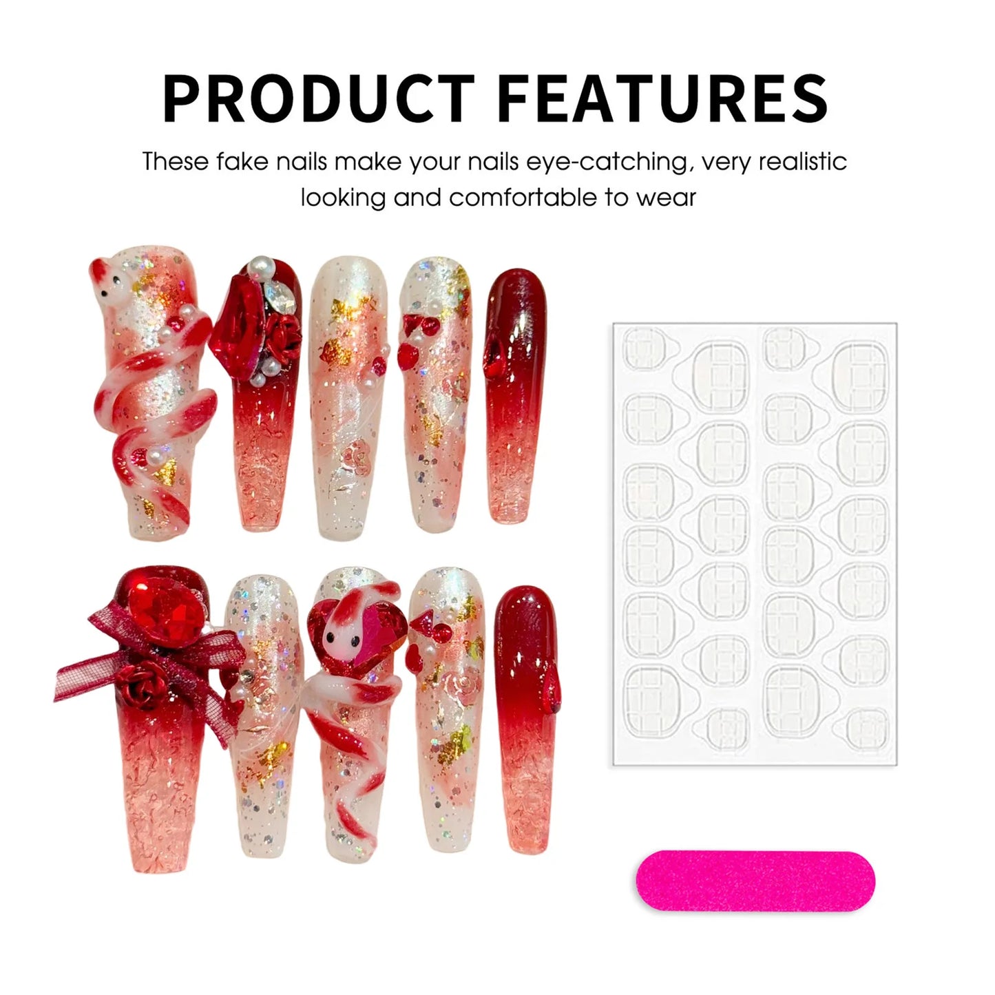 3D Snake Rose Press On Nails – Long Coffin Red Pink Gradient