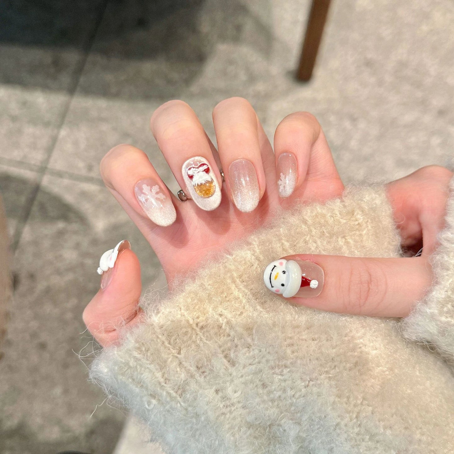 Christmas Press-On Nails 3D Snowman Crystal Cat's Eye 10pcs