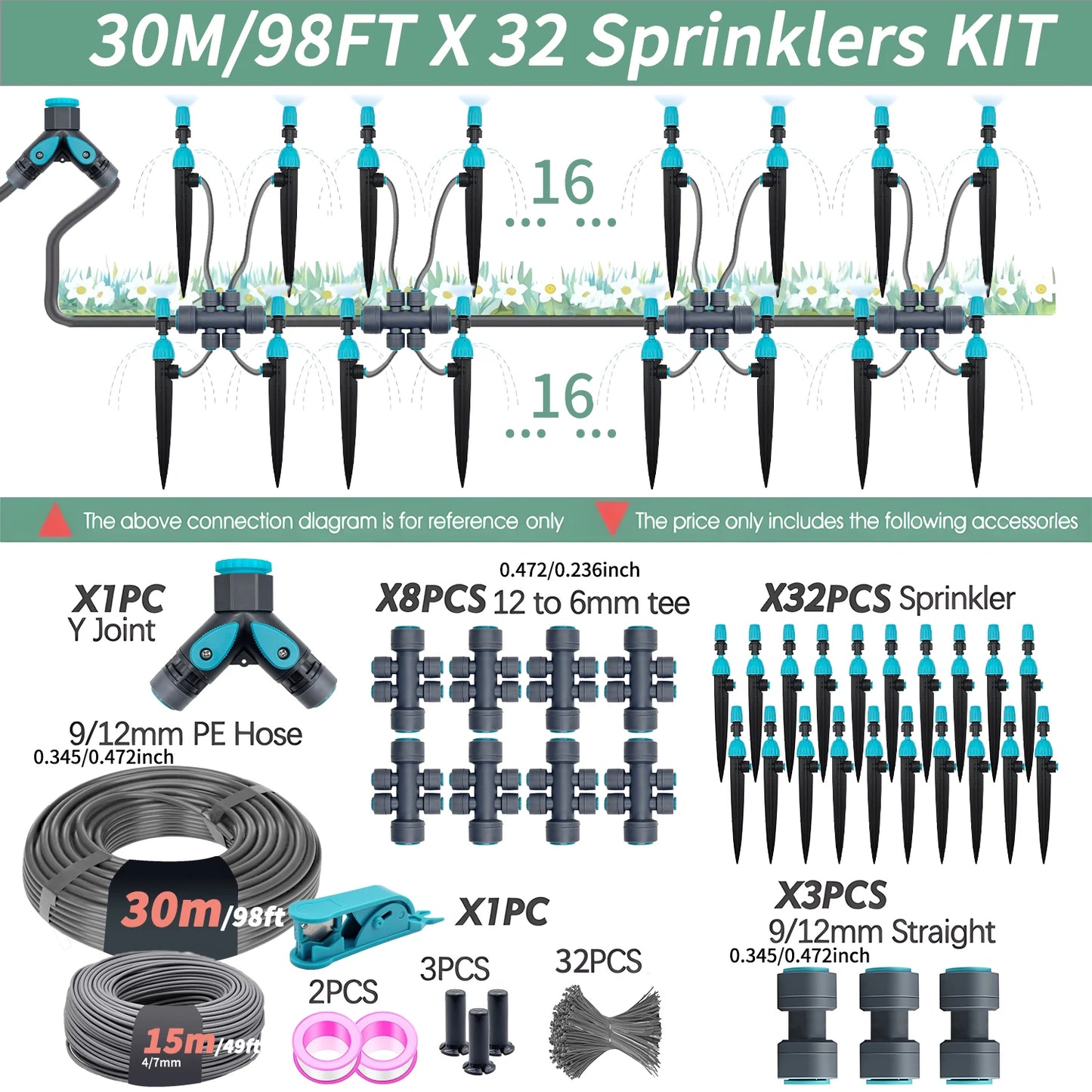 3/8" Garden Irrigation Watering System 12mm PE Hose 360° Adjustable 2-in-1 Misting Quick Connect Sprinkler Micro Dripper Sprayer Peaceful Pleasures Health and Wellness 30m Kit