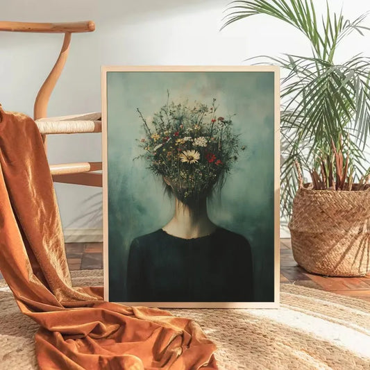 Boho Floral Bird Girl Portrait Canvas Wall Art | Nordic Print Canvas Wall Art Peaceful Pleasures Health and Wellness