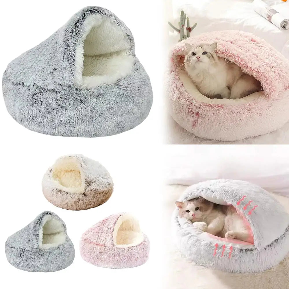 Winter Plush Round Cat Bed | Warm Semi-Enclosed Kitten Nest Cat Bed Peaceful Pleasures Health and Wellness