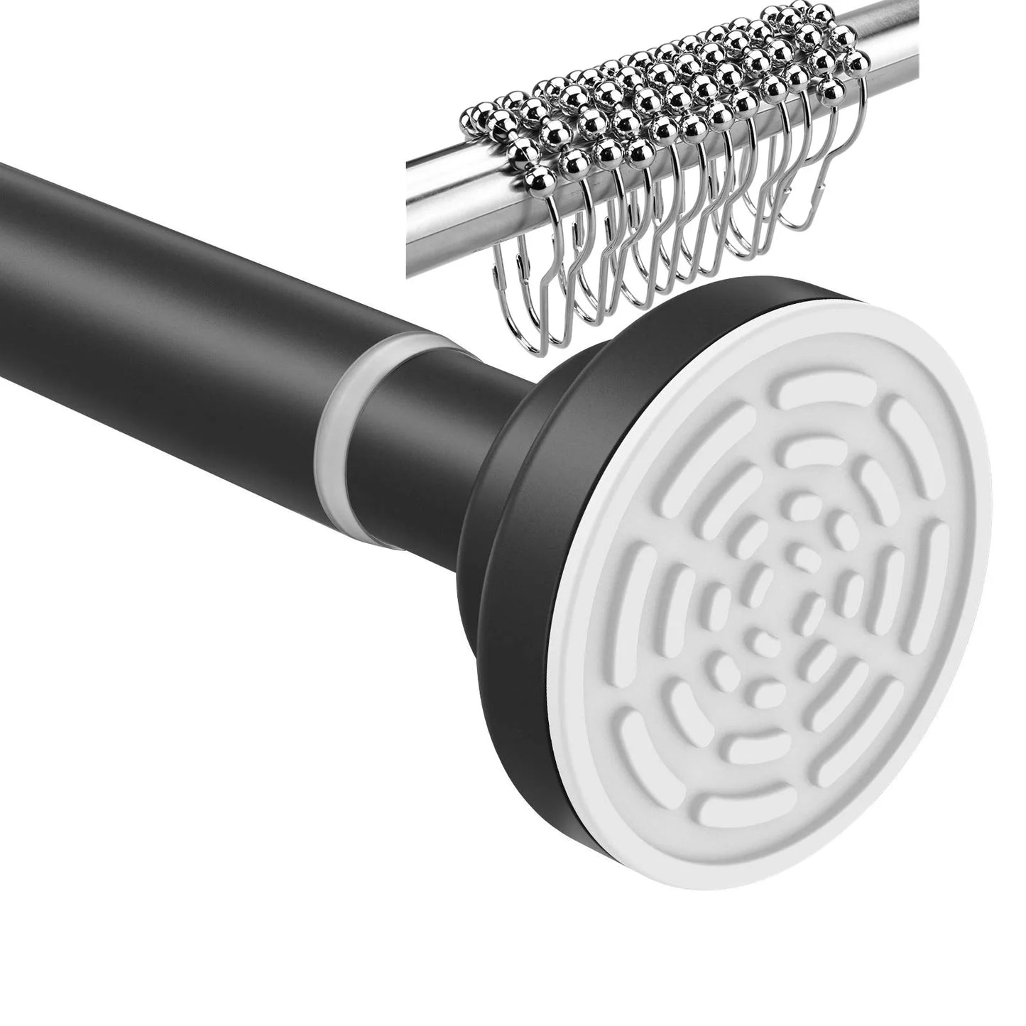 Shower Curtain Rod 40-77 inch Adjustable Tension Spring No Drilling Premium Stainless Steel Non-Slip Bath Rods Black White Peaceful Pleasures Health and Wellness black with hooks 85cm-155cm