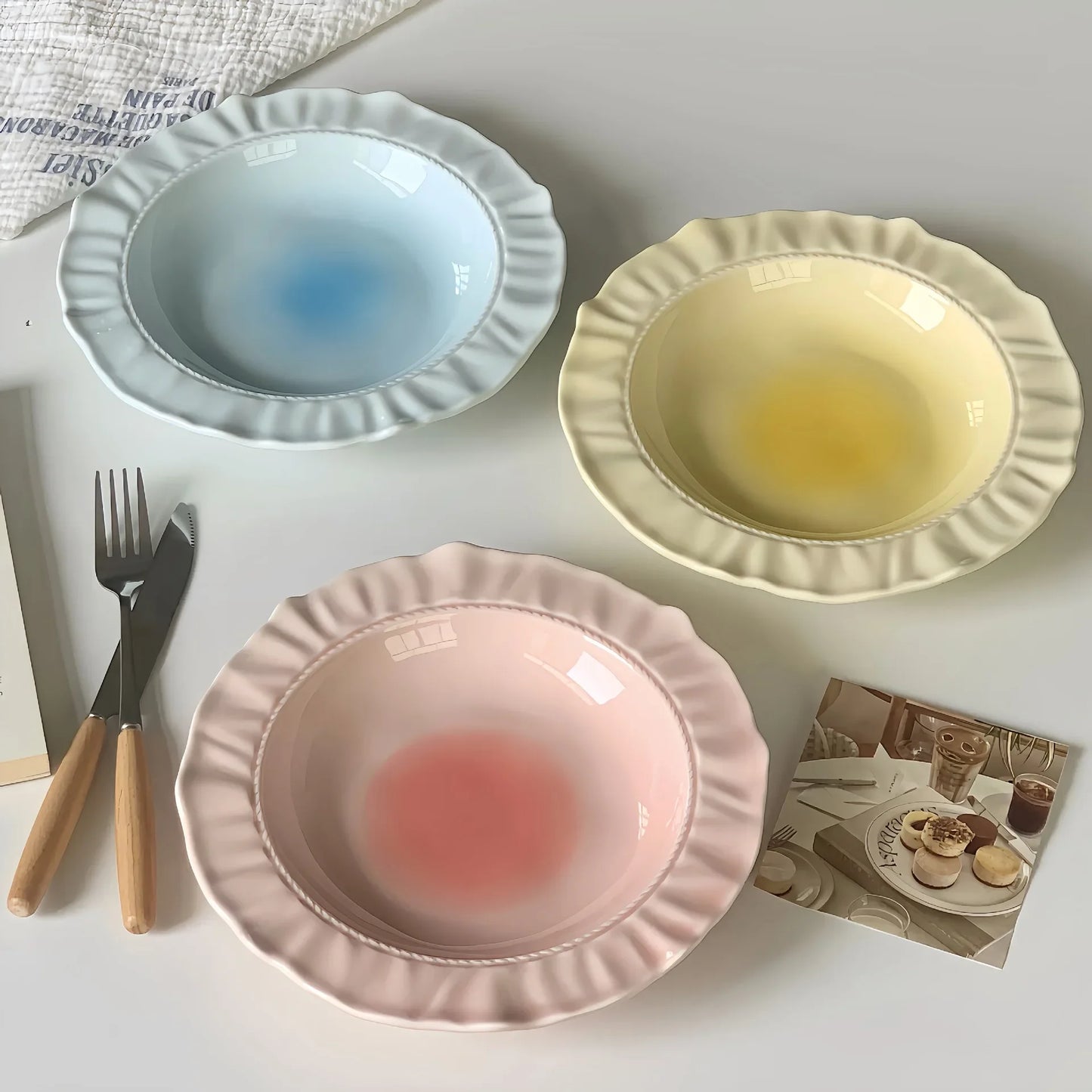 Advanced French Irregular Embossed Lace Plates Fruit Plate Pasta Plate Retro Solid Color Skirt Plate Cream Plates Dessert Plates Peaceful Pleasures Health and Wellness