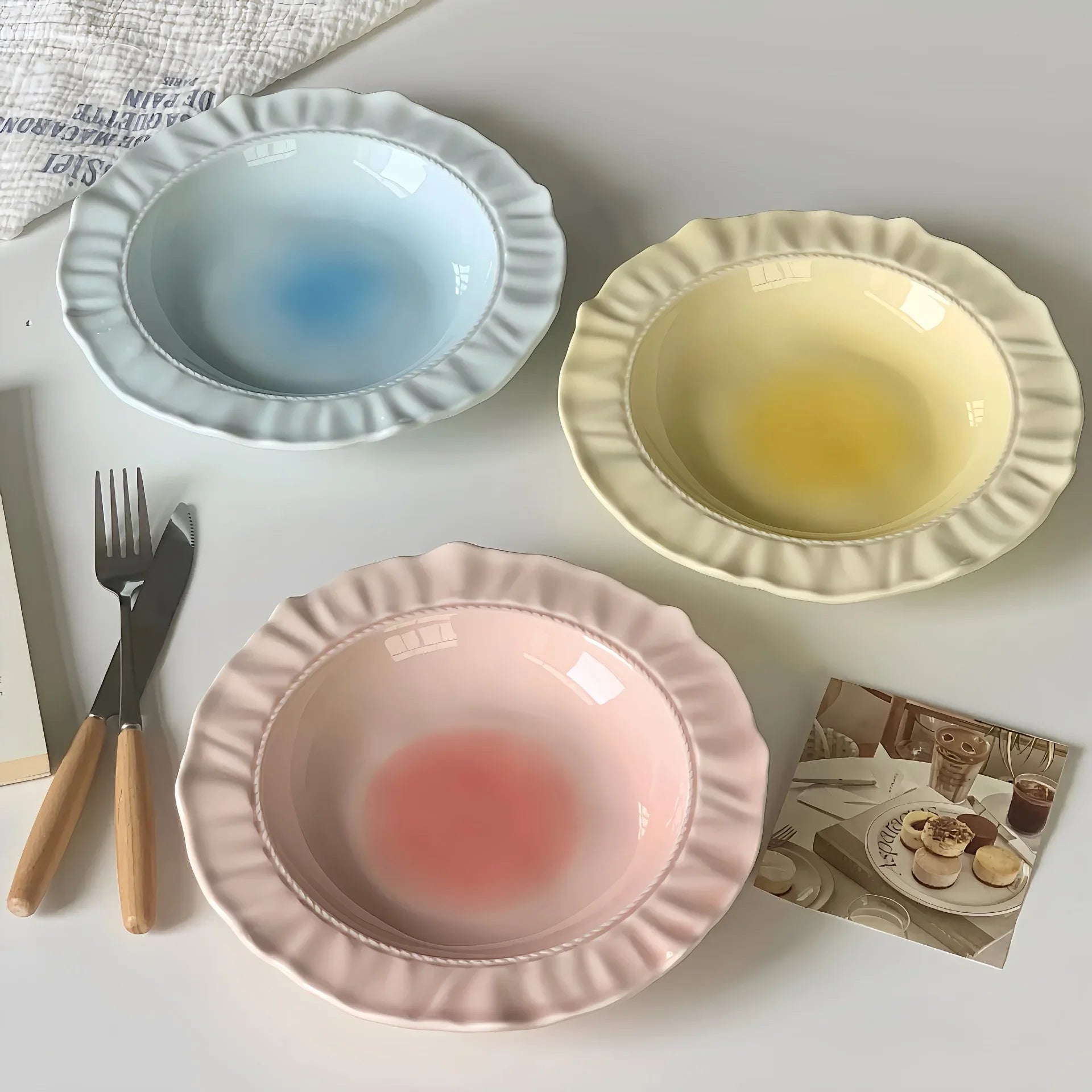 Advanced French Irregular Embossed Lace Plates Fruit Plate Pasta Plate Retro Solid Color Skirt Plate Cream Plates Dessert Plates Peaceful Pleasures Health and Wellness