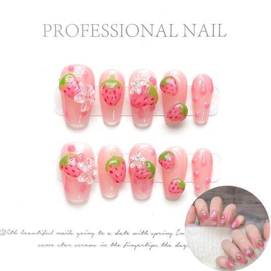 3D Strawberry Press-On Nails | Korean Style Cute Fake Nails Press-On Nails Peaceful Pleasures Health and Wellness