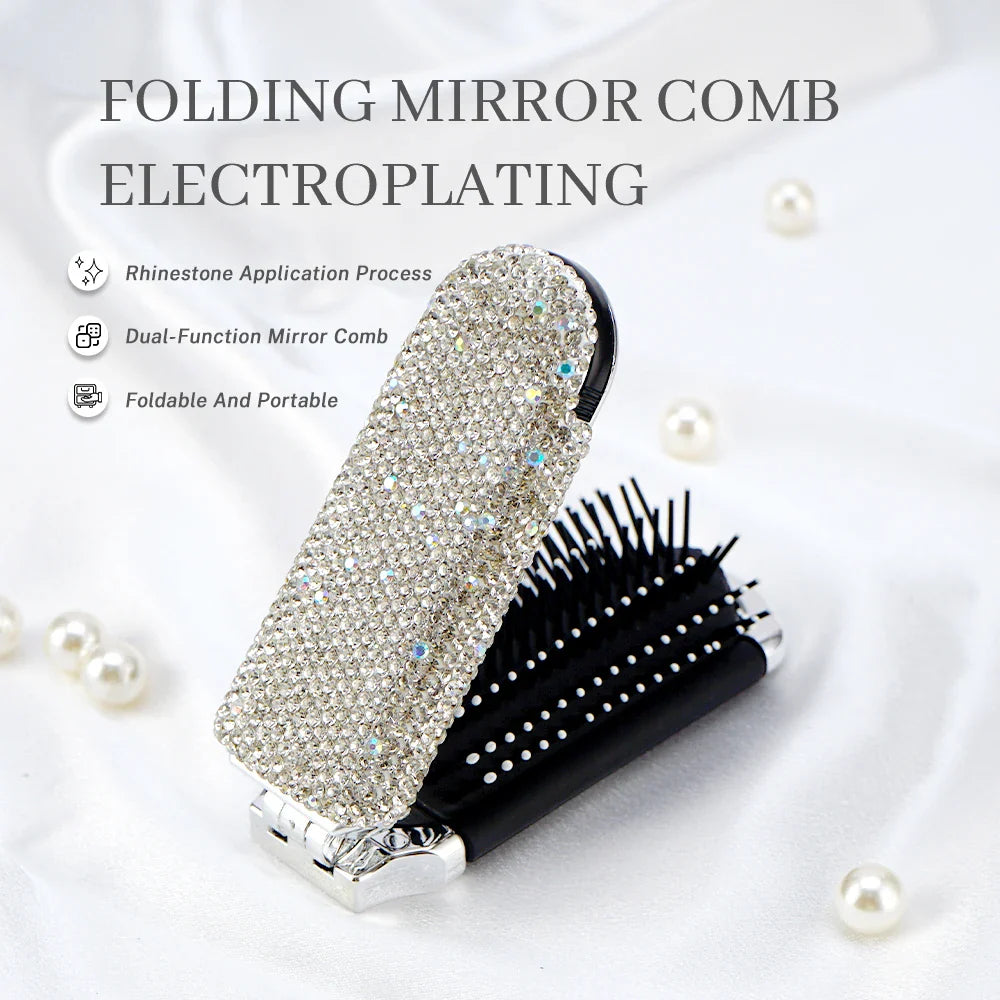 Crystal Foldable Hair Brush with Mirror – Compact Pocket Size