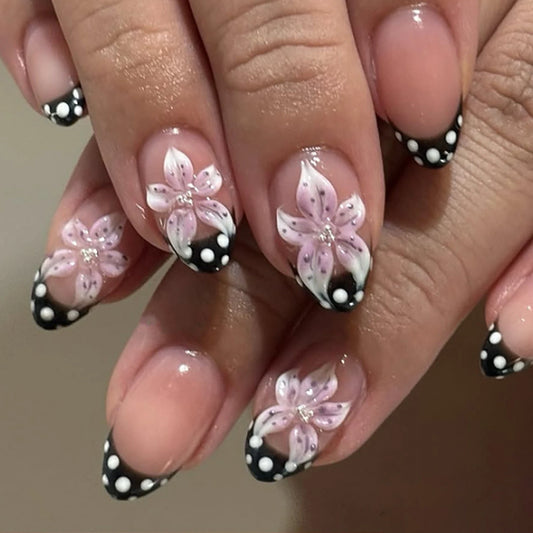3D Flower Press-On Nails – Black French Almond 24pc Set Press-On Nails Peaceful Pleasures Health and Wellness style 1
