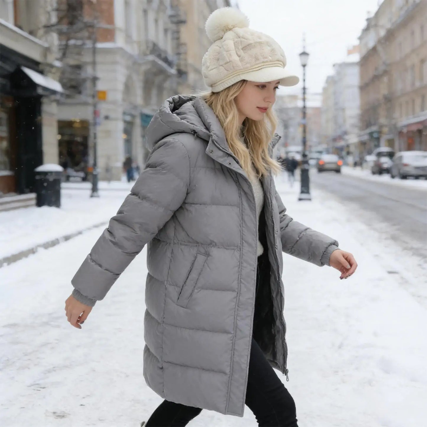Women's Pom-Pom Fleece Beanie Hat with Brim | Winter Warm