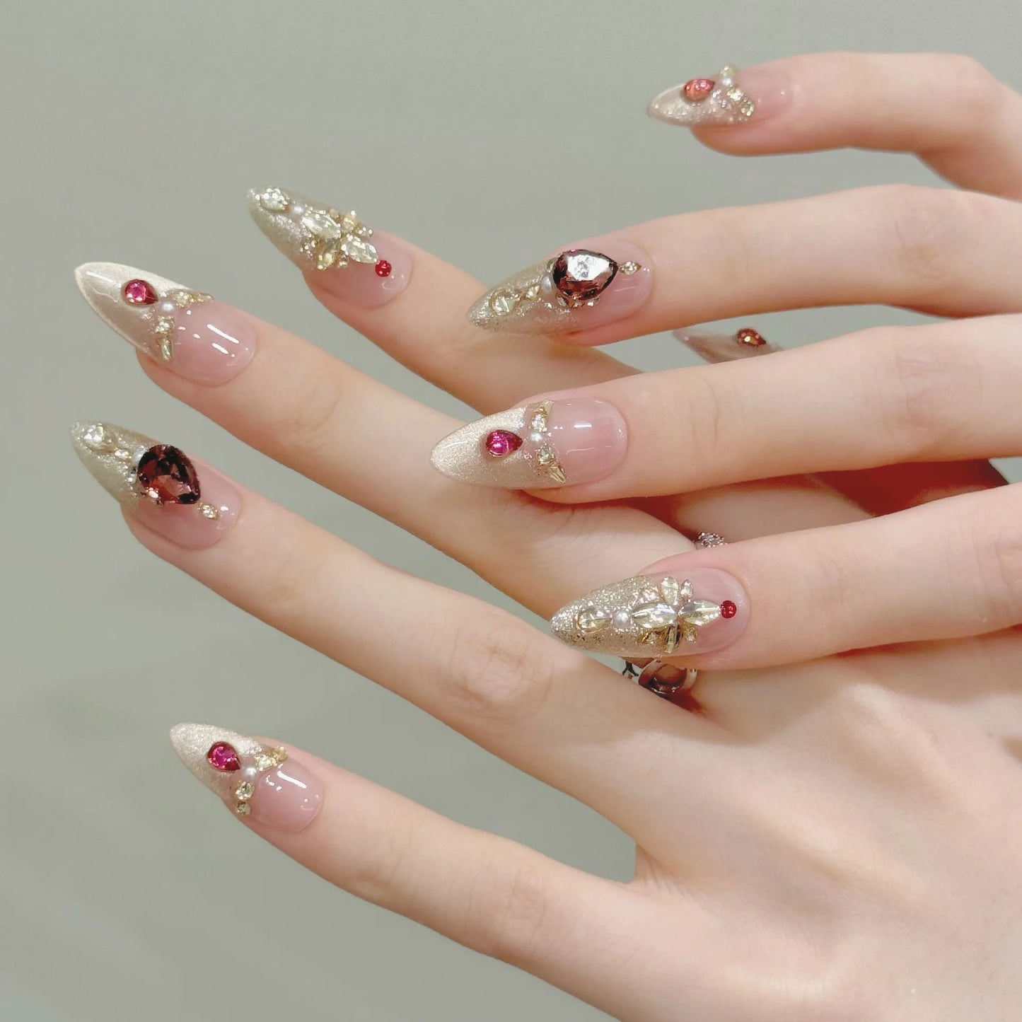Press On Nails K9 Cat's Eye Glitter Red Velvet Rhinestone 10pc