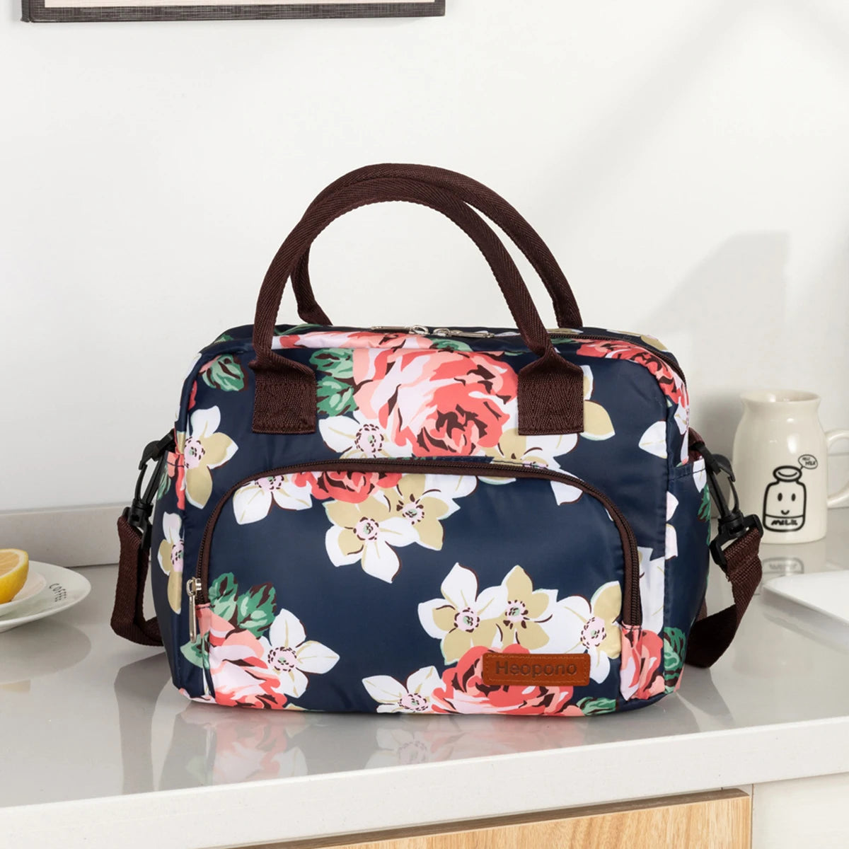 Leopard Print Oxford Cloth Food Insulation Bag Handheld Crossbody Ice Pack for Picnic Travel Food Preservation Storage Peaceful Pleasures Health and Wellness flower