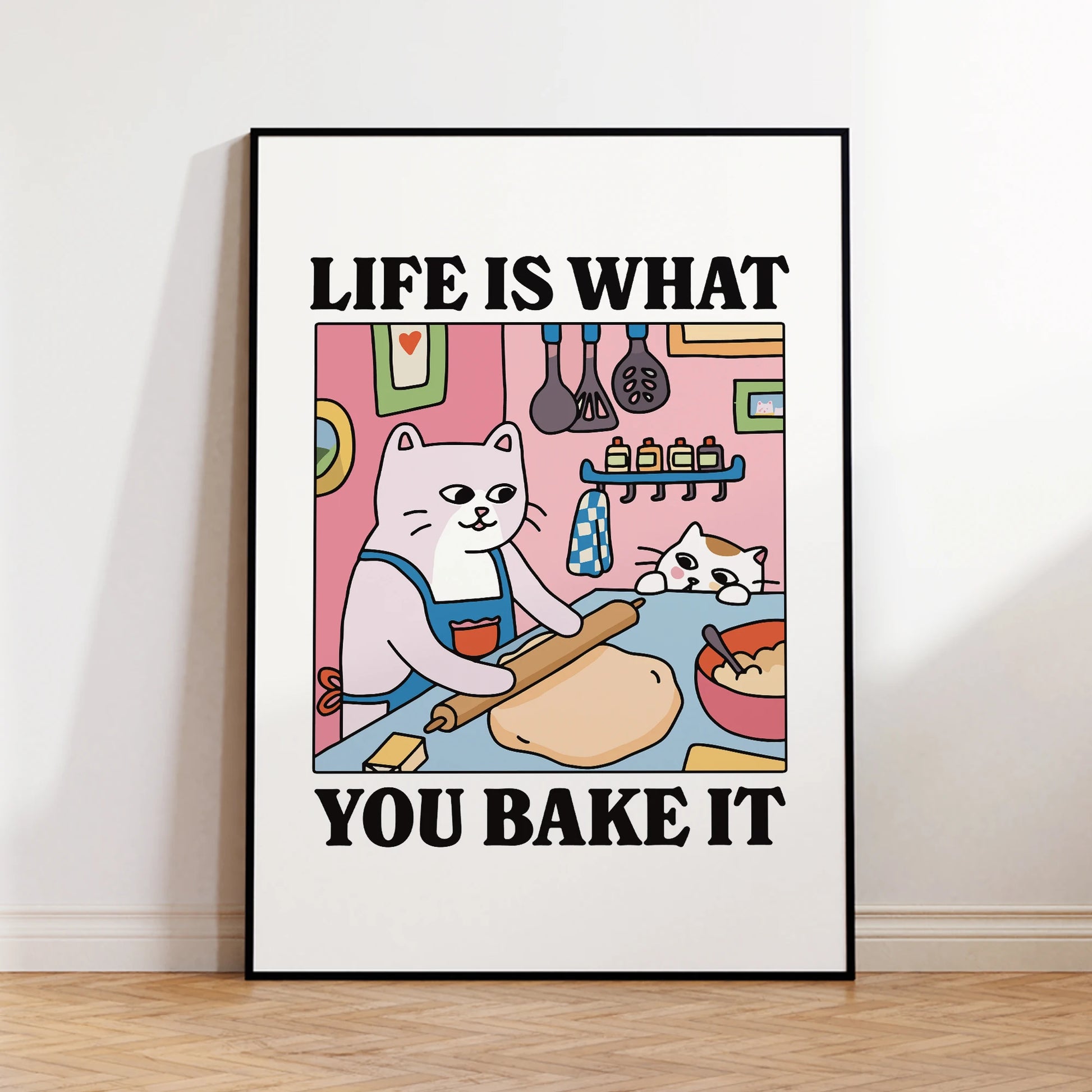 Life Is What You Bake It Cartoon Cat Wall Art Prints Canvas Painting Poster Picture For Living Children Room Home Decor Gift Peaceful Pleasures Health and Wellness G3097 21x30cm Metal Framed