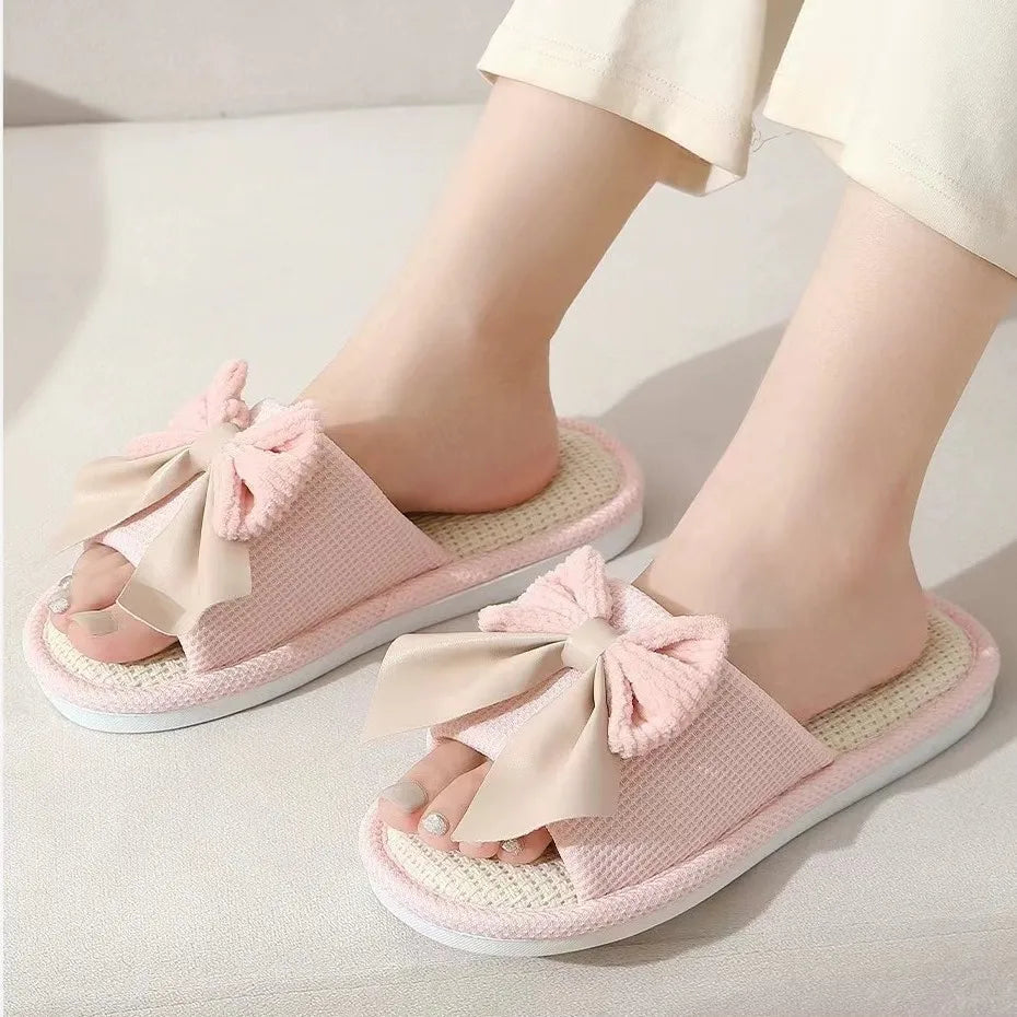 Women's Linen Bowknot Flat Slippers – Soft Lightweight Indoor Slides