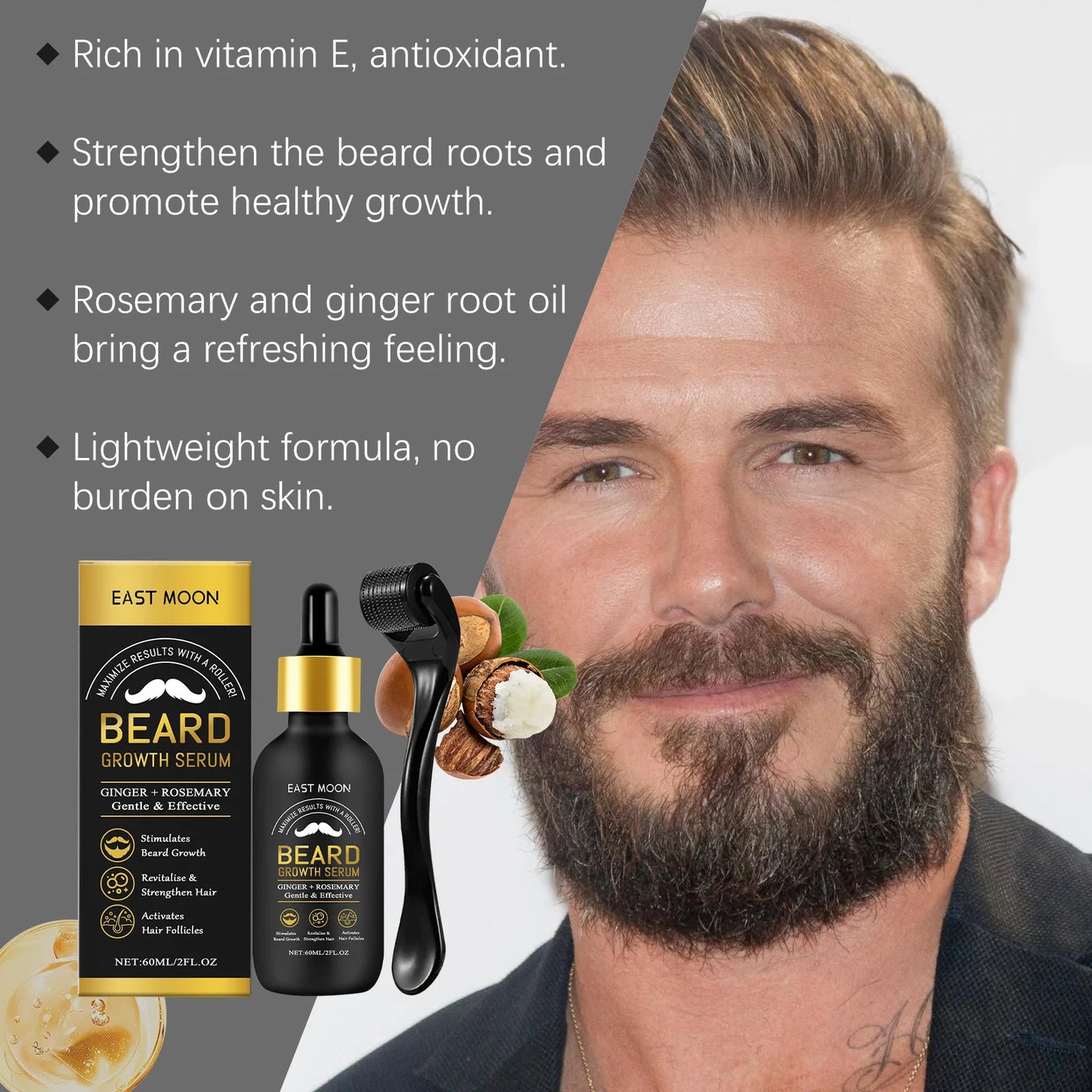 Men's Beard Thickening Oil + Roller – Collagen & Rosemary 60ml
