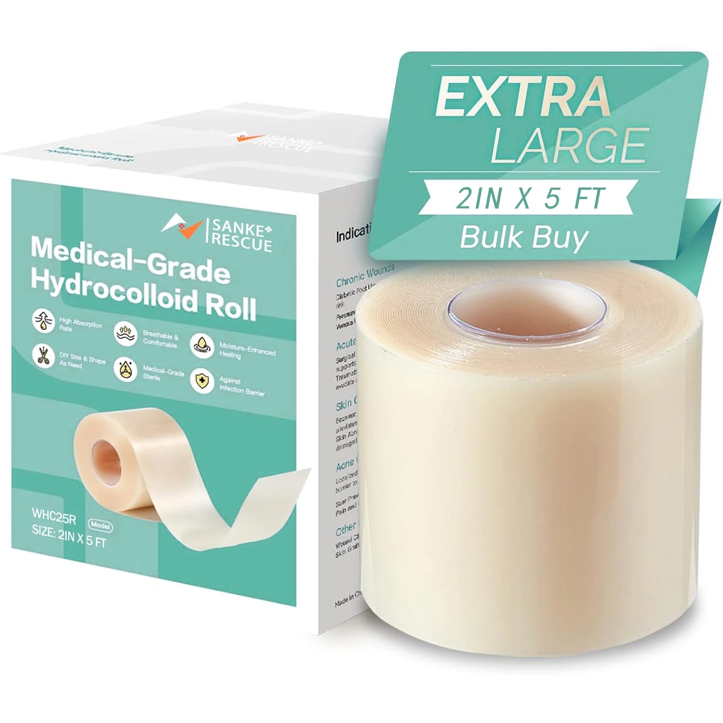 1-5M Sanke Rescue Hydrocolloid Roll for Wound Care Cut-to-Size Extra Large Hydrocolloid Patch Bandages Absorbent Waterproof Peaceful Pleasures Health and Wellness 2INX5FT