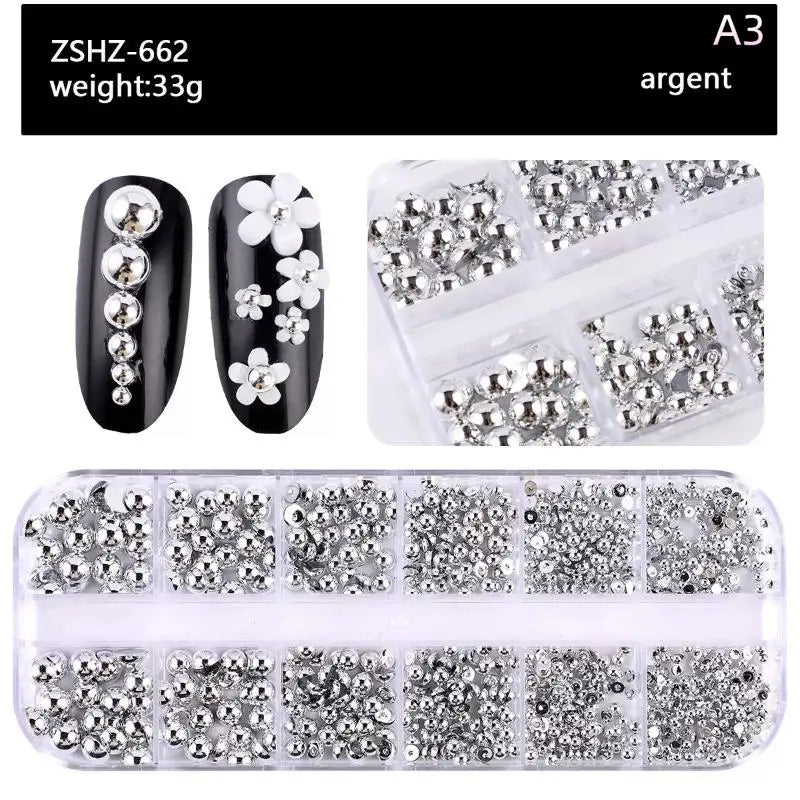 12-Grid Pearl Nail Charms Set – Gold & Silver Semi-Circular