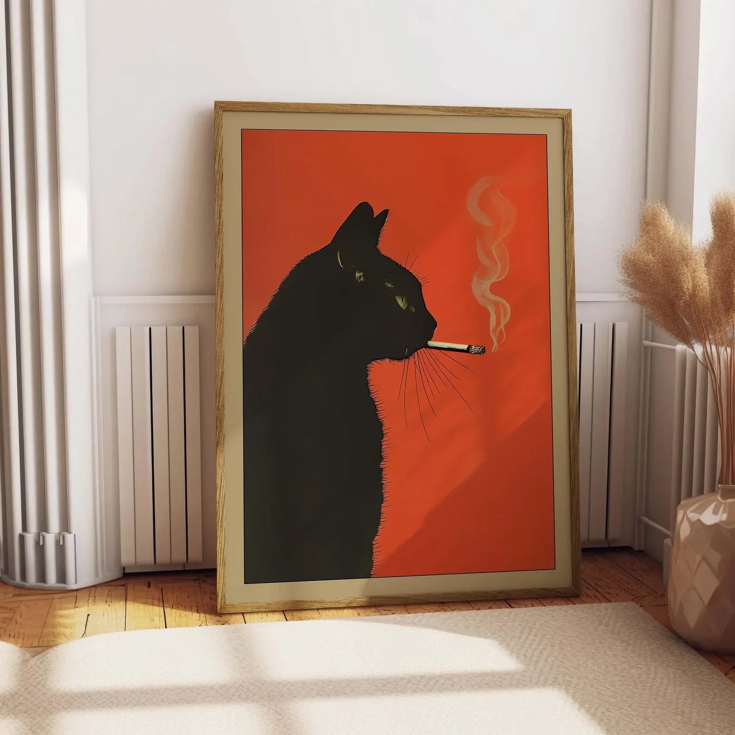 Black Cat Smoking Vintage Canvas Wall Art | Retro Funny Poster
