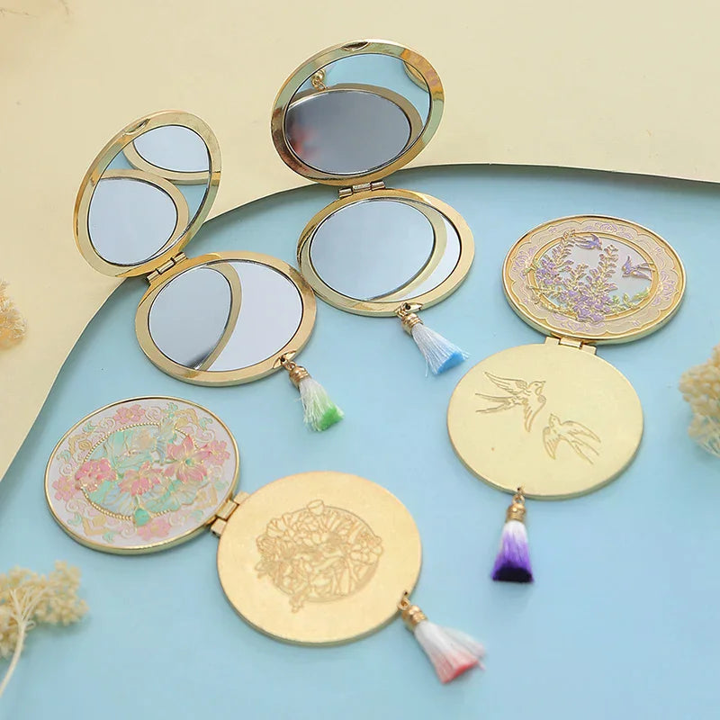 Chinese Style Metal Folding Makeup Mirror with Tassel | Portable