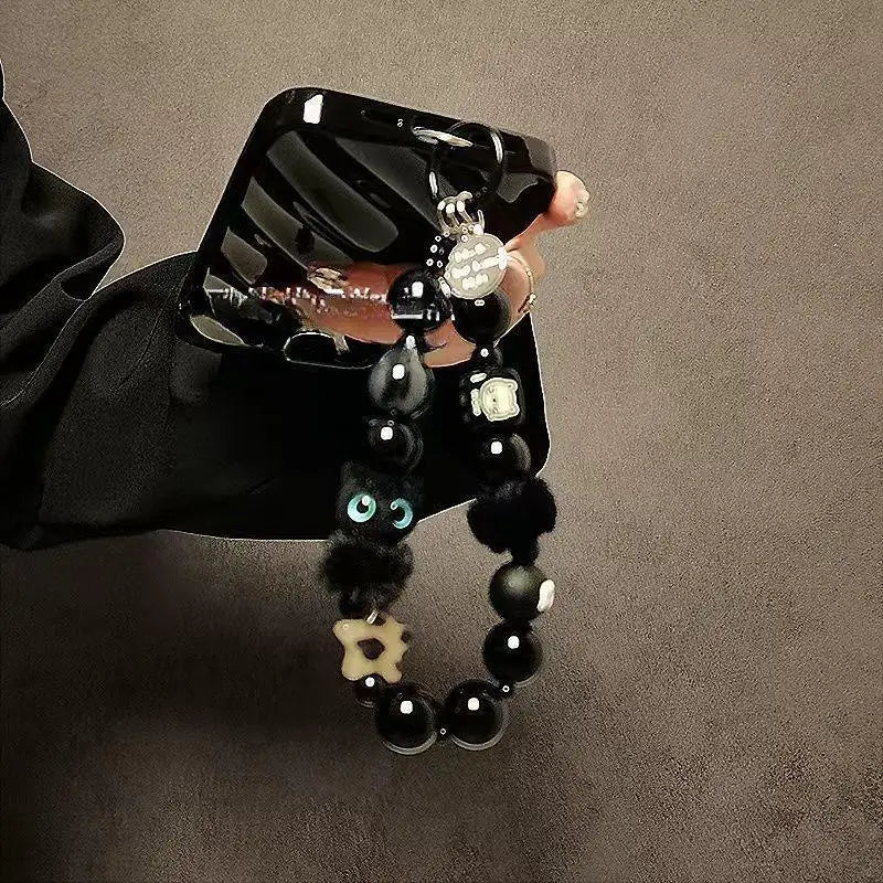 Black Plush Cat Beaded Wrist Strap Y2K Phone Lanyard & Key Charm