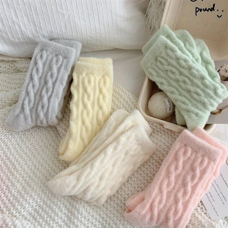 New Soft and Fluffy Fluffy Socks Autumn Winter Thicken and Thickened Macaron Color Mid Calf Sock for Cold Protection Solid Color Peaceful Pleasures Health and Wellness
