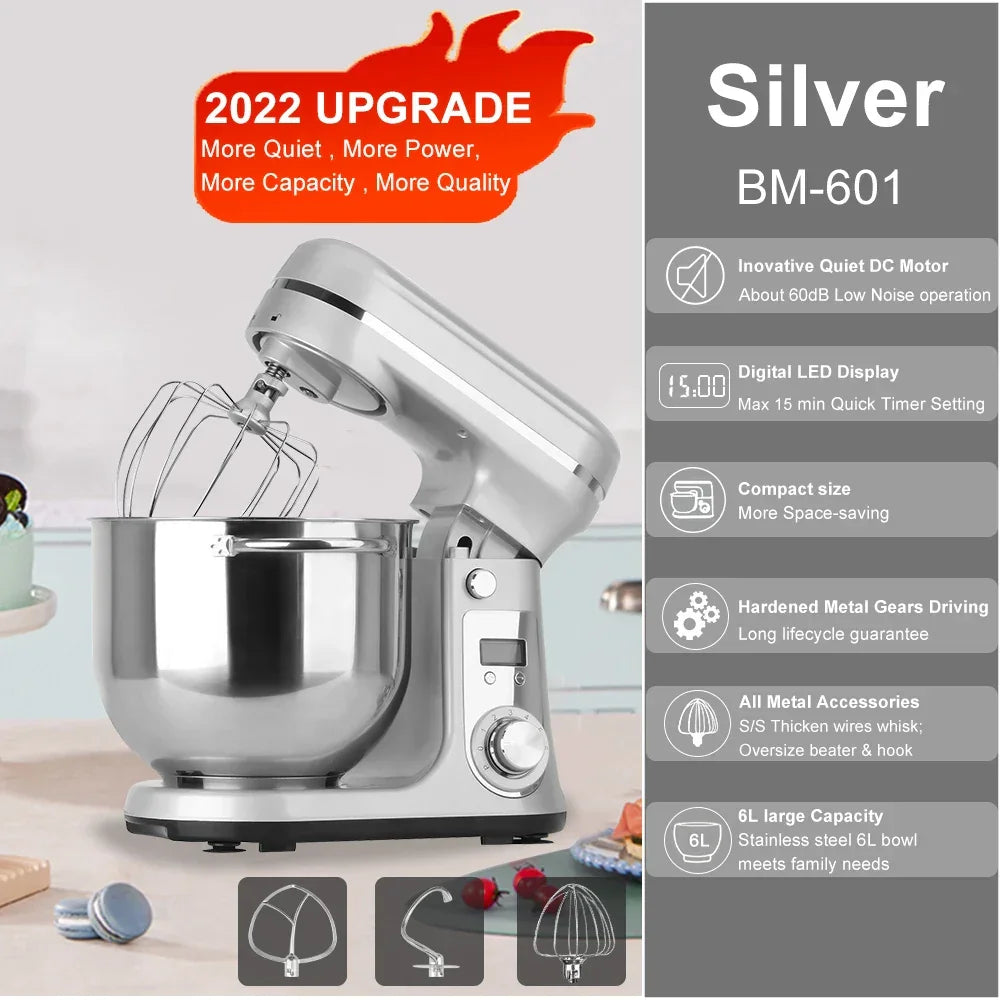 BioloMix 1200W 6L Stand Mixer – 6-Speed, Quiet DC Motor, Tilt-Head Stand Mixer BioloMix 6L Silver BM-601 AU france