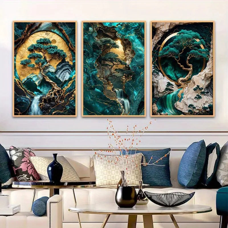 3pcs Advanced Marble Pattern Jade Green Golden Foil Line Art High-Definition Canvas Printing Deco Art Unframed for Home Decor Peaceful Pleasures Health and Wellness