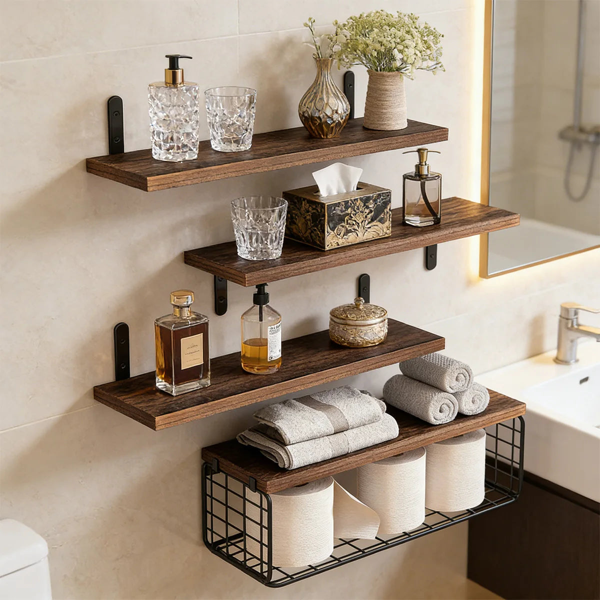 Bathroom Shelves Over Toilet with Storage Basket, Floating Wall Shelf for Home Organization & Wall Decor, Bathroom/Kitchen Peaceful Pleasures Health and Wellness