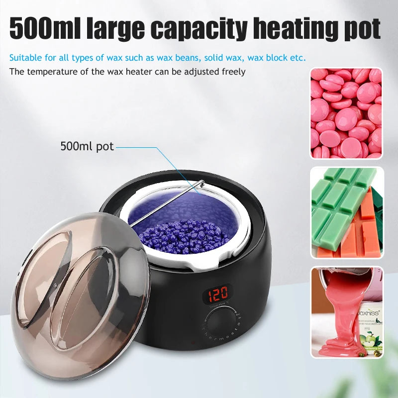 Wax Heater 500ML Set For Hair Removal / Digital Display Screen Depilatory Hard Wax Melt Warmer / 200g Wax Beans Hair Remove Tool Peaceful Pleasures Health and Wellness