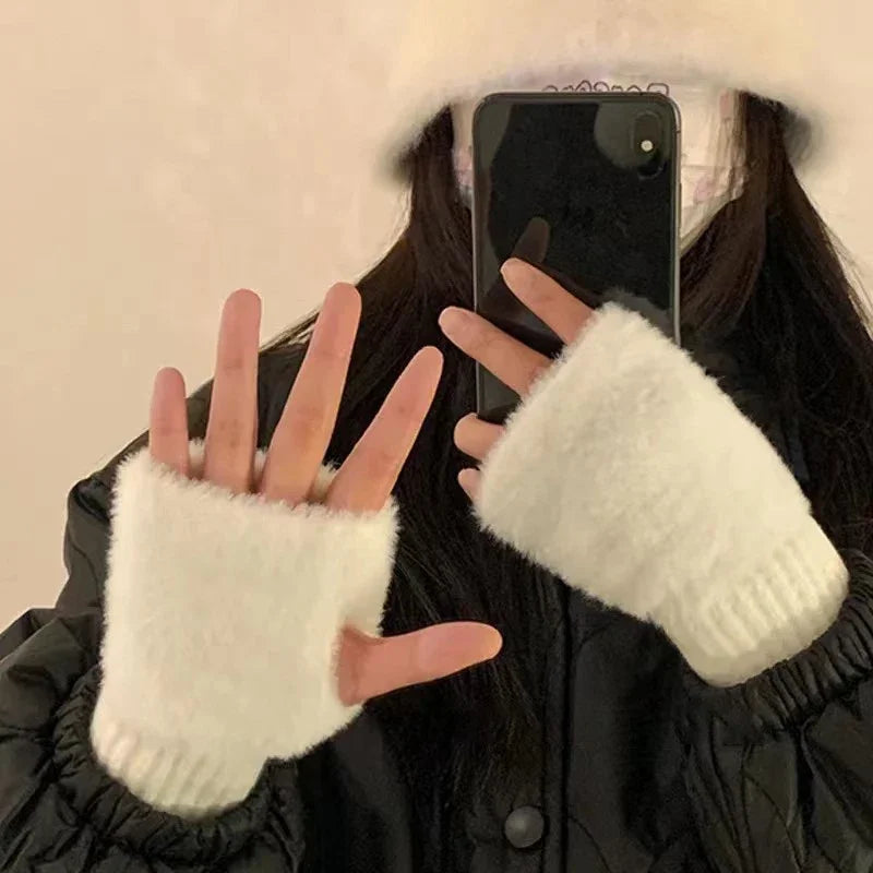 Women's Mink Fleece Fingerless Gloves | Half Finger Winter Mitts