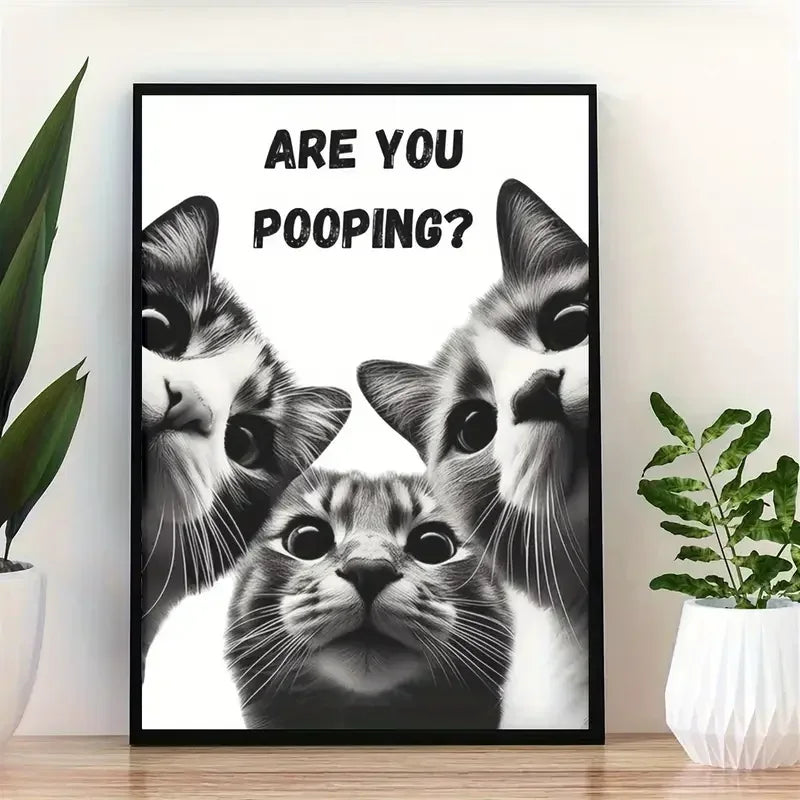 Funny Black Cat Toilet Canvas Poster | Retro Wall Art Print