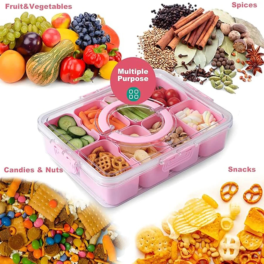 Snackle Box Container – 8-Compartment Divided Serving Tray with Lid & Handle for Candy, Fruit & Snacks