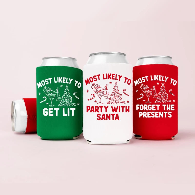 Set of 3 "Most Likely To" Christmas Beer Can Cooler Sleeves Beer Can Cooler Sleeves Peaceful Pleasures Health and Wellness Can Coolers 3pcs 9.5x12cm